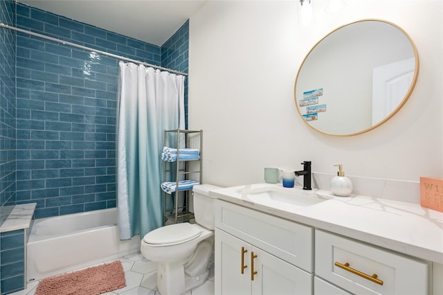 full bathroom with shower / tub combo, vanity, tile patterned flooring, and toilet