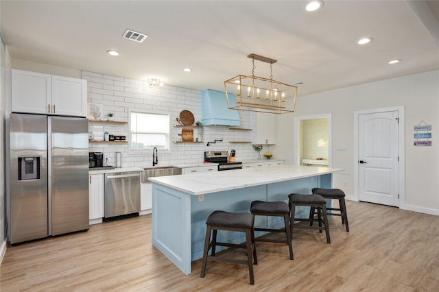 kitchen with a breakfast bar, white cabinetry, sink, a center island, and stainless steel appliances