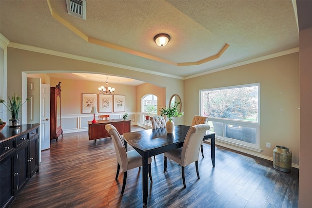 dining space with a healthy amount of sunlight, dark hardwood / wood-style floors, and a raised ceiling