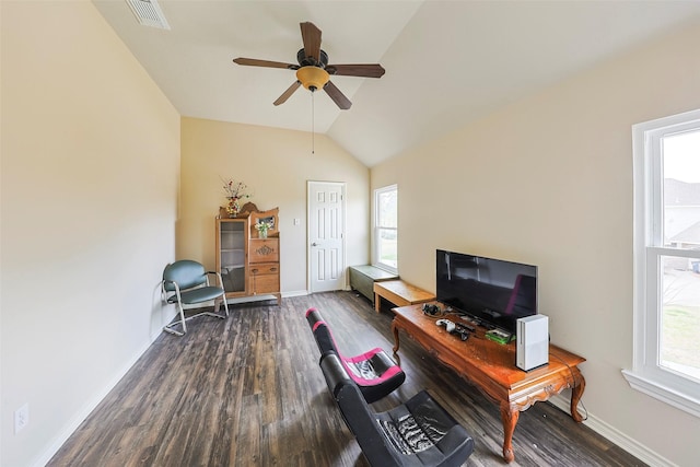 office featuring lofted ceiling, dark hardwood / wood-style floors, and ceiling fan