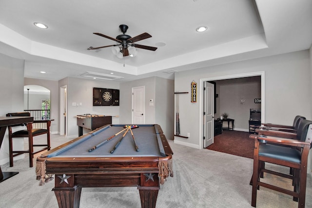 playroom featuring ceiling fan, carpet flooring, a tray ceiling, and billiards