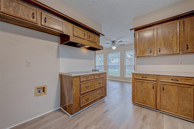 kitchen with black electric cooktop, ceiling fan, light hardwood / wood-style floors, and a textured ceiling