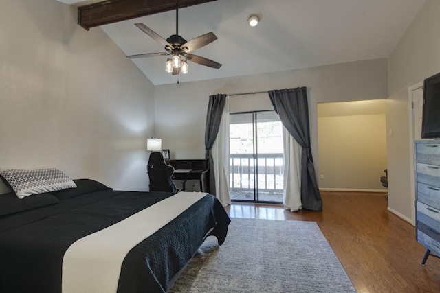 bedroom featuring vaulted ceiling with beams, wood-type flooring, and ceiling fan