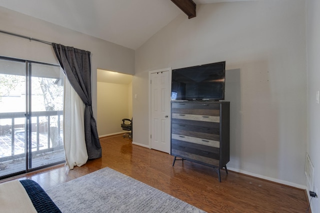 bedroom with beamed ceiling, high vaulted ceiling, multiple windows, and hardwood / wood-style flooring