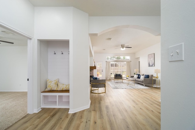 interior space featuring ceiling fan and light hardwood / wood-style flooring