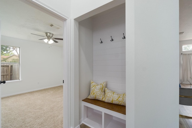 mudroom with carpet floors, ceiling fan, and plenty of natural light