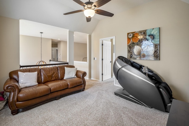 19106 High Canyon Ln, Tomball, TX 77377 - living area with carpet, a ceiling fan, vaulted ceiling, and baseboards