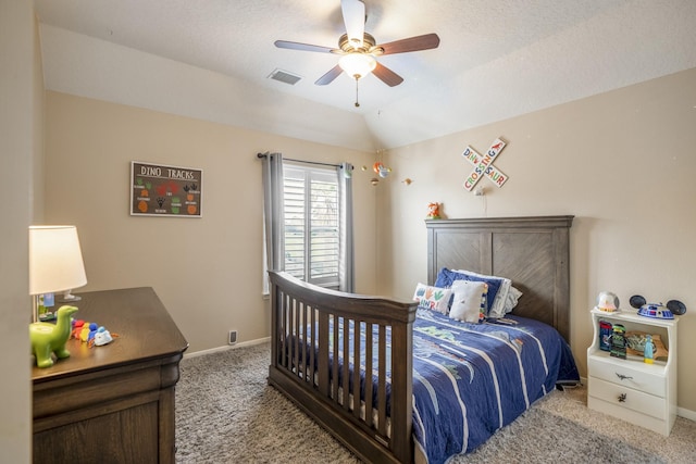 19106 High Canyon Ln, Tomball, TX 77377 - carpeted bedroom with lofted ceiling, baseboards, and ceiling fan