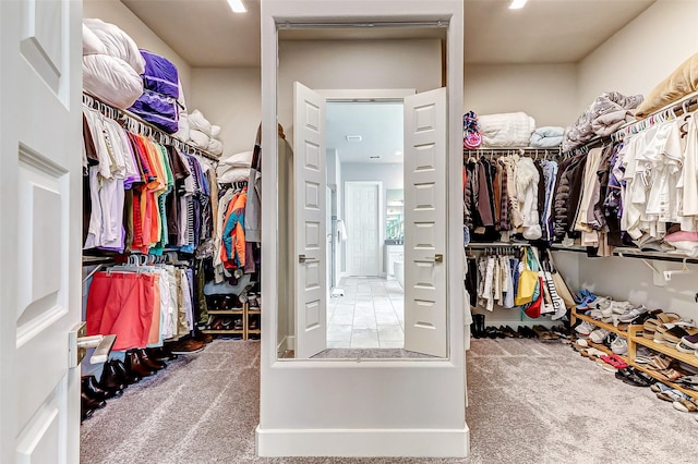 walk in closet featuring carpet floors