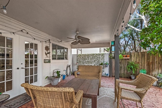 view of patio / terrace with ceiling fan and french doors