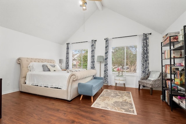 bedroom with high vaulted ceiling, dark hardwood / wood-style floors, and beamed ceiling