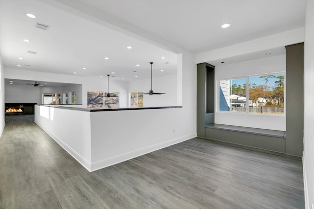 kitchen with wood-type flooring, ceiling fan, and decorative light fixtures