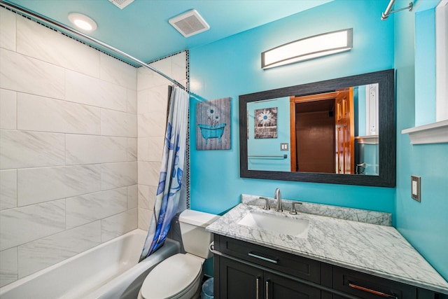 full bathroom with vanity, shower / bathtub combination with curtain, and toilet