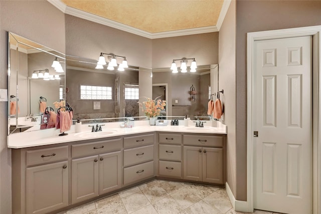 bathroom with vanity, tile patterned floors, and ornamental molding