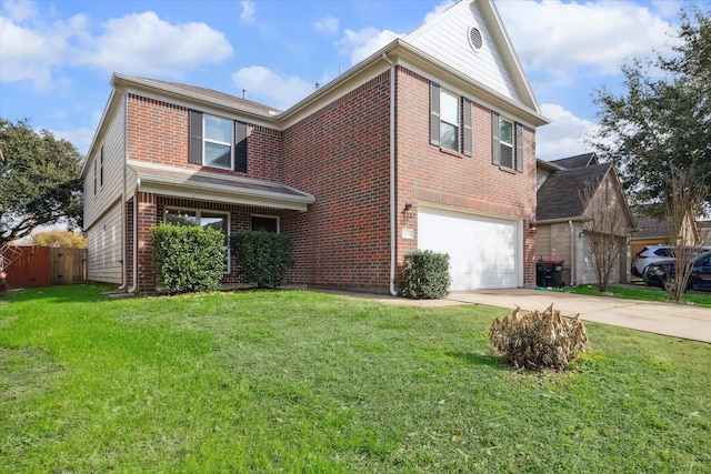 view of property featuring a garage and a front yard