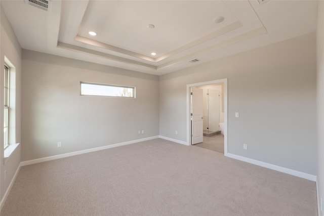 empty room featuring light carpet and a tray ceiling