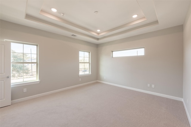 carpeted empty room featuring a raised ceiling