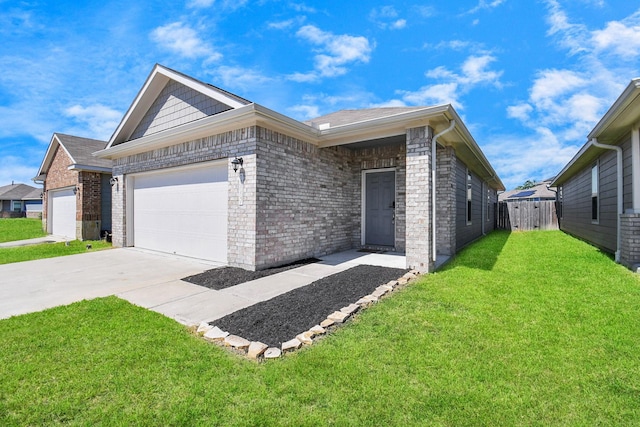 ranch-style house featuring a garage and a front lawn