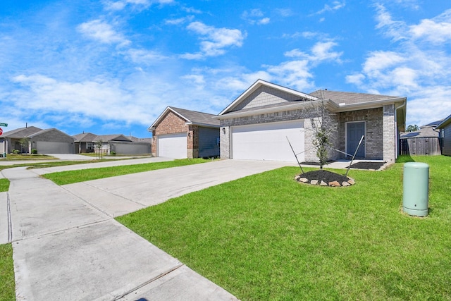 ranch-style home with a garage and a front lawn