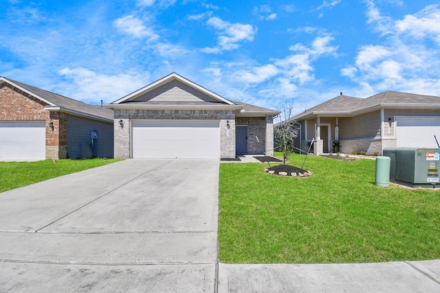 ranch-style home with a garage and a front yard