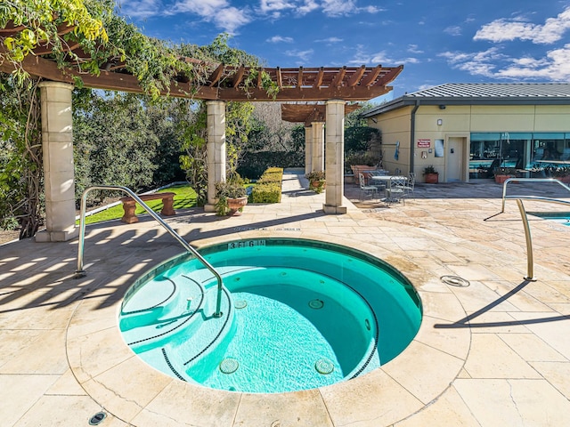 view of pool featuring a community hot tub, a pergola, and a patio