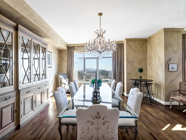 dining space with dark wood-type flooring and a chandelier