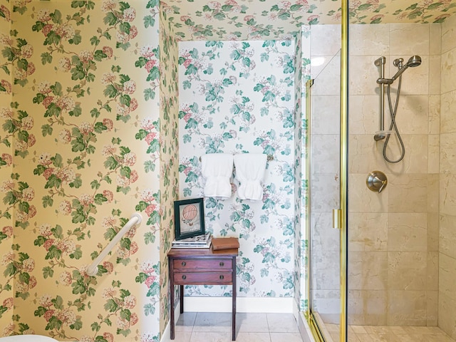 bathroom featuring an enclosed shower and tile patterned flooring