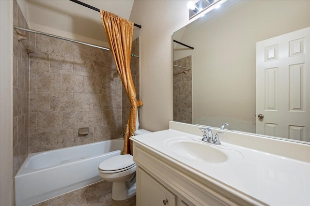 full bathroom with vanity, shower / bathtub combination with curtain, tile patterned floors, and toilet