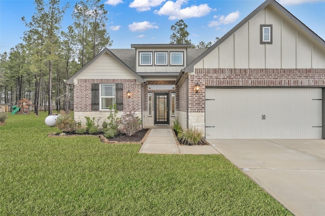 view of front facade with a front lawn, board and batten siding, concrete driveway, an attached garage, and brick siding