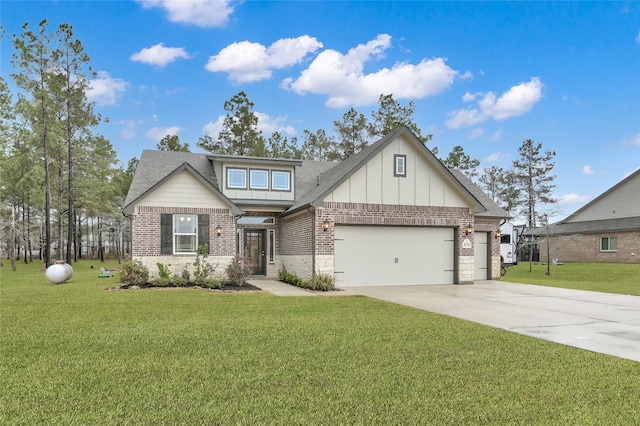 view of front facade with brick siding, board and batten siding, concrete driveway, and a front lawn