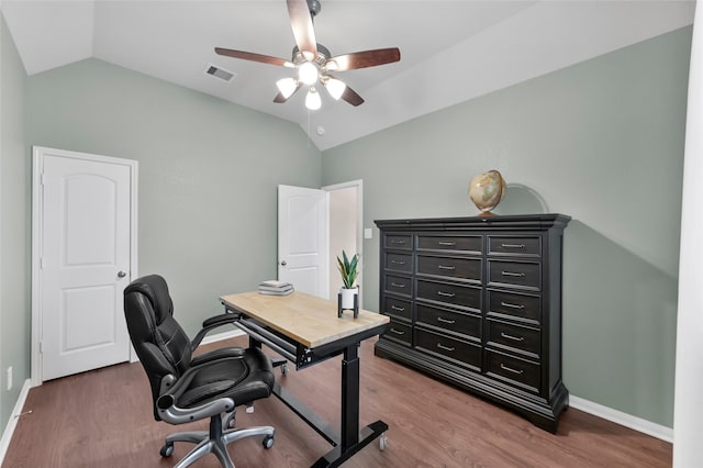 office space with vaulted ceiling, wood-type flooring, and ceiling fan