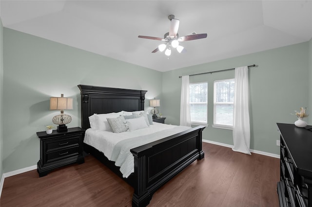 bedroom featuring dark wood-type flooring and ceiling fan