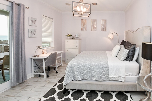 bedroom featuring an inviting chandelier and ornamental molding