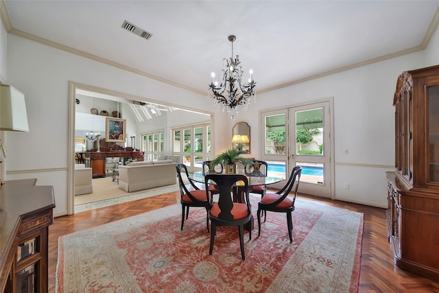 dining area featuring visible vents, baseboards, ornamental molding, french doors, and an inviting chandelier