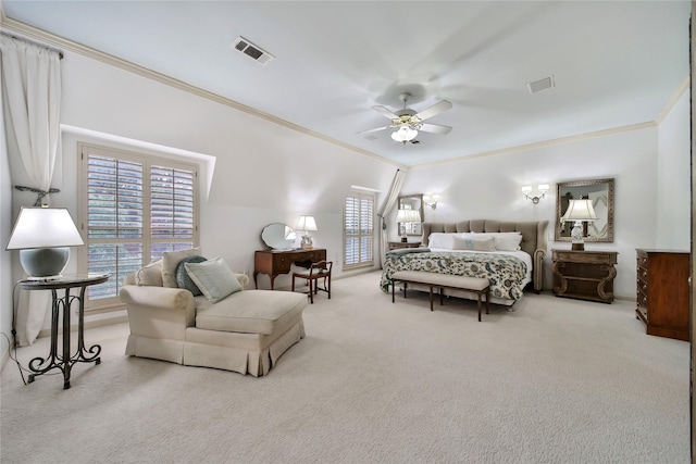 carpeted bedroom featuring multiple windows, visible vents, and crown molding