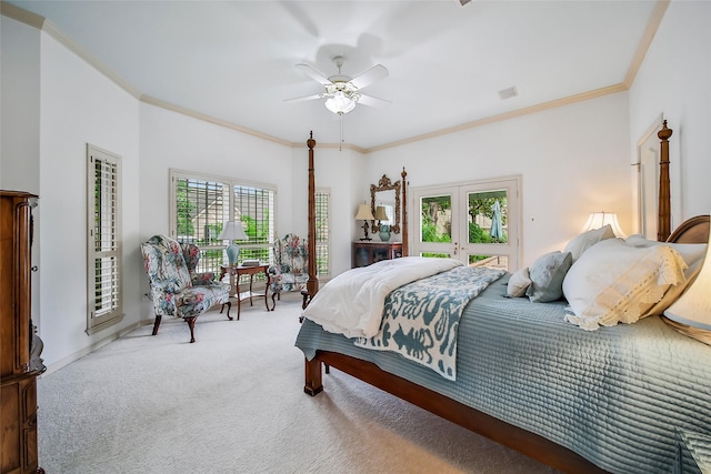 bedroom with ceiling fan, carpet flooring, baseboards, french doors, and ornamental molding