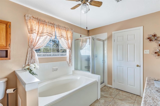 full bathroom featuring visible vents, a shower stall, a garden tub, and ceiling fan