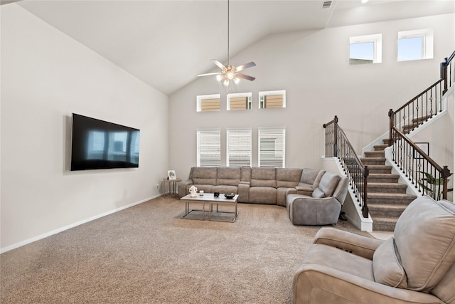 living room featuring ceiling fan, high vaulted ceiling, and carpet floors