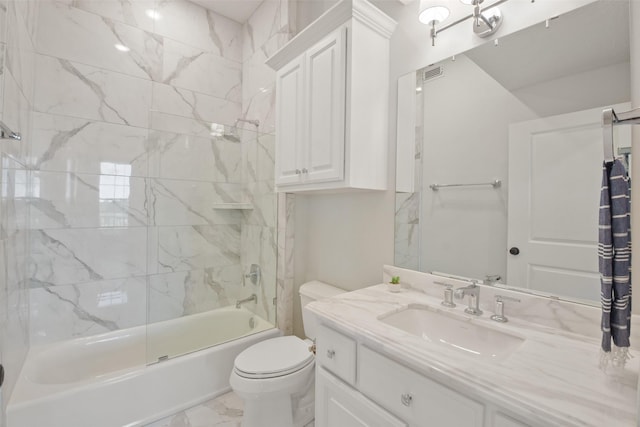 bathroom with shower / tub combination, toilet, visible vents, vanity, and marble finish floor