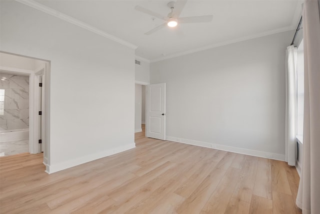 unfurnished room with baseboards, ceiling fan, light wood-type flooring, and crown molding