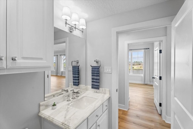 bathroom with a healthy amount of sunlight, a textured ceiling, vanity, and wood finished floors