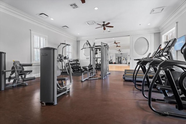 exercise room featuring ceiling fan, ornamental molding, visible vents, and recessed lighting