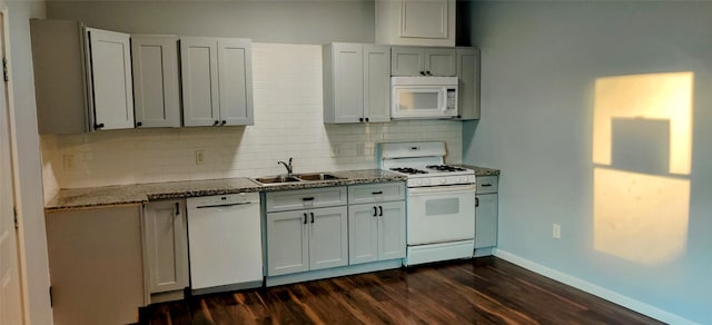 kitchen featuring sink, tasteful backsplash, white cabinetry, dark hardwood / wood-style floors, and white appliances