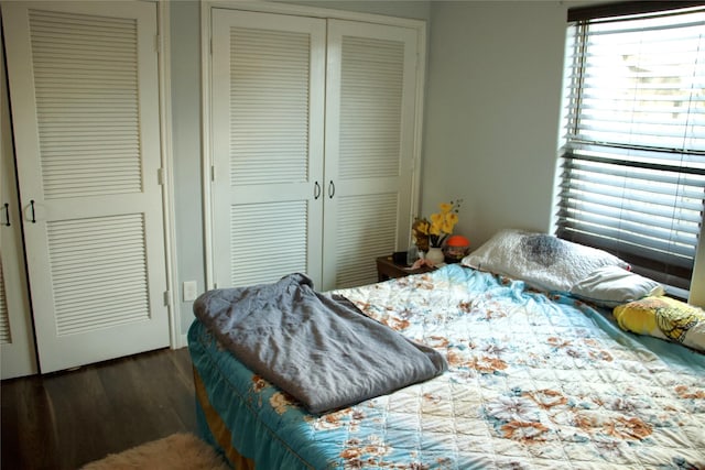 bedroom with dark wood-type flooring and a closet