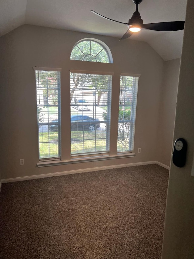 empty room with plenty of natural light, vaulted ceiling, and carpet