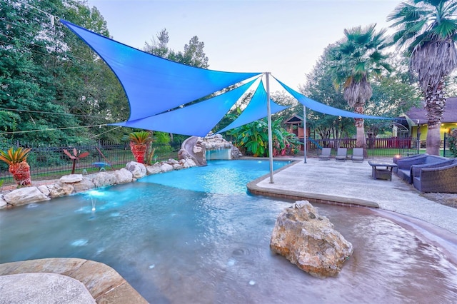 view of pool with fence, a patio, and a fenced in pool