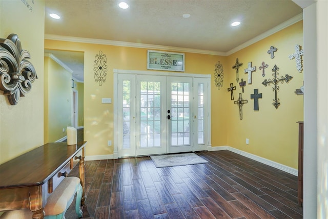 doorway to outside with baseboards, dark wood finished floors, french doors, and recessed lighting