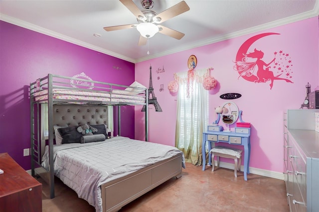 bedroom with crown molding, baseboards, and a ceiling fan