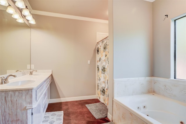 full bath featuring a jetted tub, baseboards, and a sink