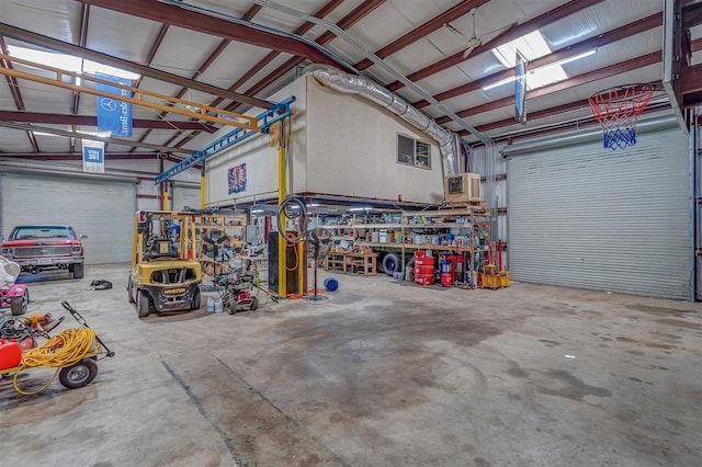 garage with a workshop area